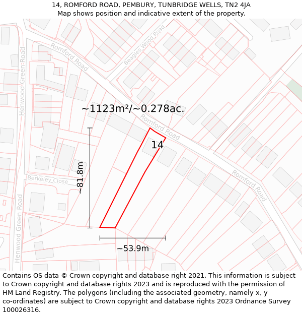 14, ROMFORD ROAD, PEMBURY, TUNBRIDGE WELLS, TN2 4JA: Plot and title map