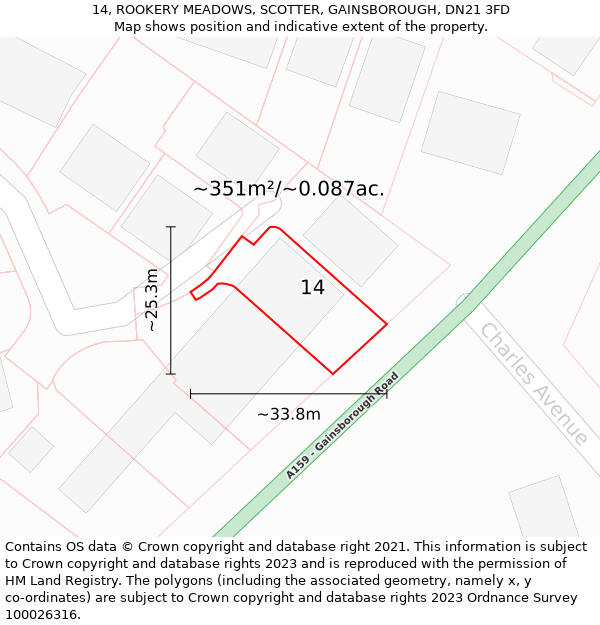 14, ROOKERY MEADOWS, SCOTTER, GAINSBOROUGH, DN21 3FD: Plot and title map