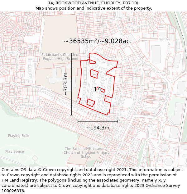 14, ROOKWOOD AVENUE, CHORLEY, PR7 1RL: Plot and title map