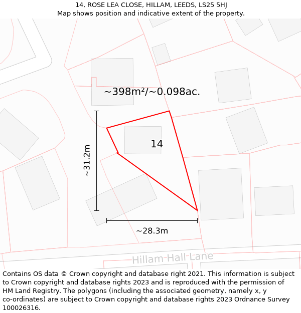 14, ROSE LEA CLOSE, HILLAM, LEEDS, LS25 5HJ: Plot and title map