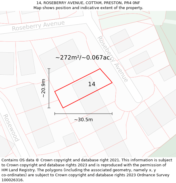 14, ROSEBERRY AVENUE, COTTAM, PRESTON, PR4 0NF: Plot and title map