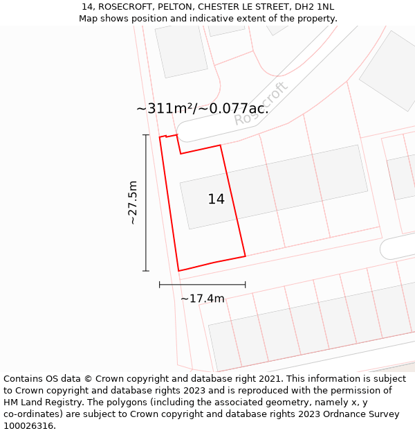 14, ROSECROFT, PELTON, CHESTER LE STREET, DH2 1NL: Plot and title map