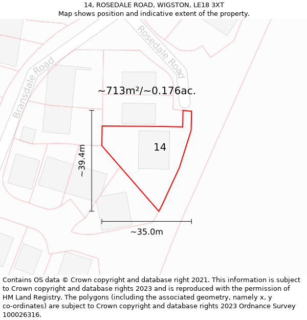 14, ROSEDALE ROAD, WIGSTON, LE18 3XT: Plot and title map