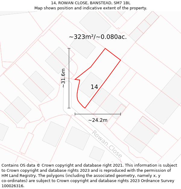 14, ROWAN CLOSE, BANSTEAD, SM7 1BL: Plot and title map