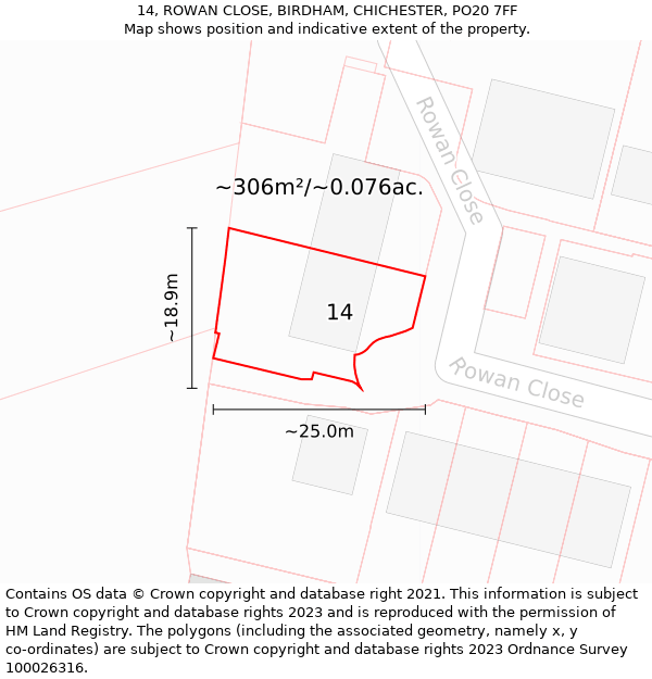 14, ROWAN CLOSE, BIRDHAM, CHICHESTER, PO20 7FF: Plot and title map