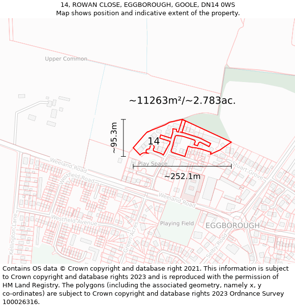 14, ROWAN CLOSE, EGGBOROUGH, GOOLE, DN14 0WS: Plot and title map