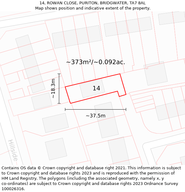 14, ROWAN CLOSE, PURITON, BRIDGWATER, TA7 8AL: Plot and title map