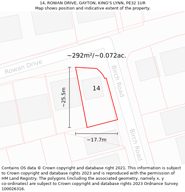 14, ROWAN DRIVE, GAYTON, KING'S LYNN, PE32 1UR: Plot and title map