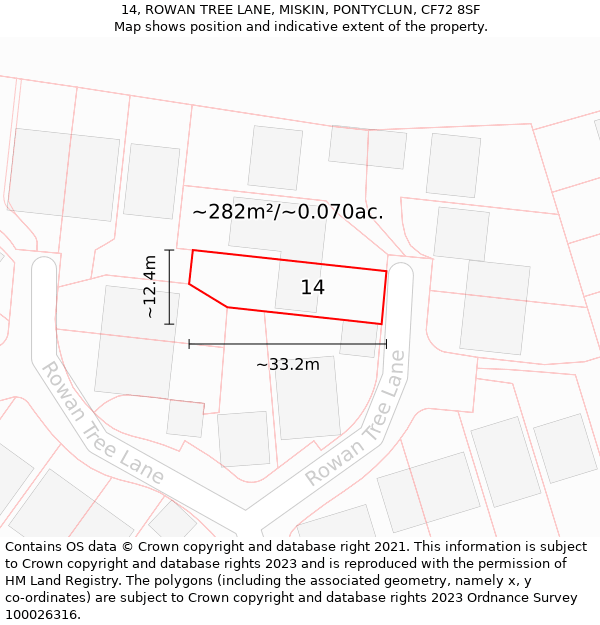 14, ROWAN TREE LANE, MISKIN, PONTYCLUN, CF72 8SF: Plot and title map
