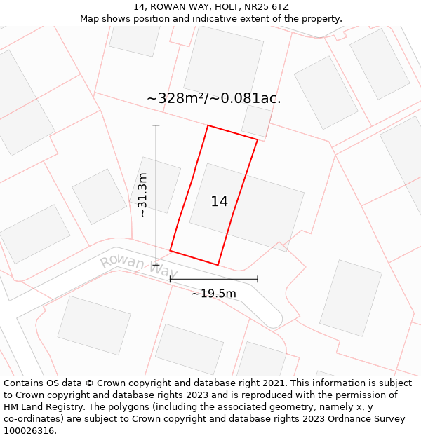 14, ROWAN WAY, HOLT, NR25 6TZ: Plot and title map