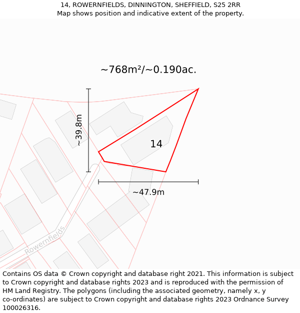 14, ROWERNFIELDS, DINNINGTON, SHEFFIELD, S25 2RR: Plot and title map