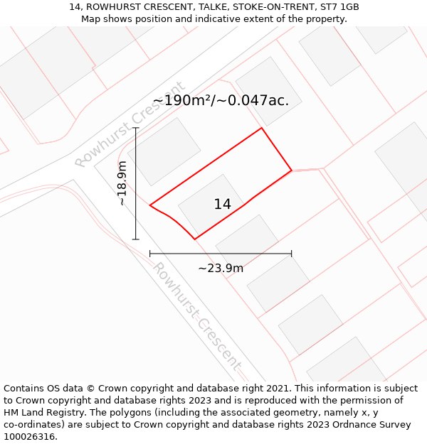 14, ROWHURST CRESCENT, TALKE, STOKE-ON-TRENT, ST7 1GB: Plot and title map