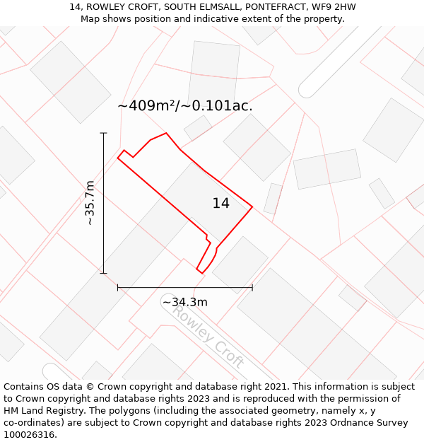 14, ROWLEY CROFT, SOUTH ELMSALL, PONTEFRACT, WF9 2HW: Plot and title map