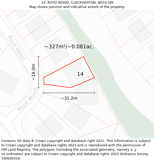 14, ROYD WOOD, CLECKHEATON, BD19 5JN: Plot and title map