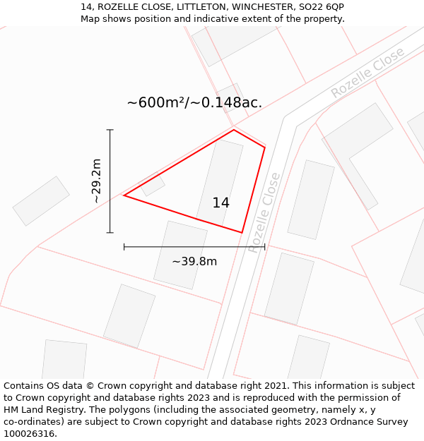 14, ROZELLE CLOSE, LITTLETON, WINCHESTER, SO22 6QP: Plot and title map