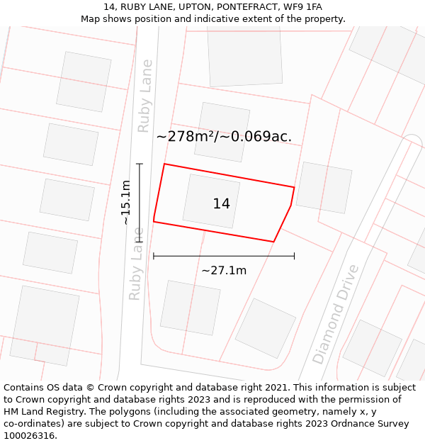 14, RUBY LANE, UPTON, PONTEFRACT, WF9 1FA: Plot and title map