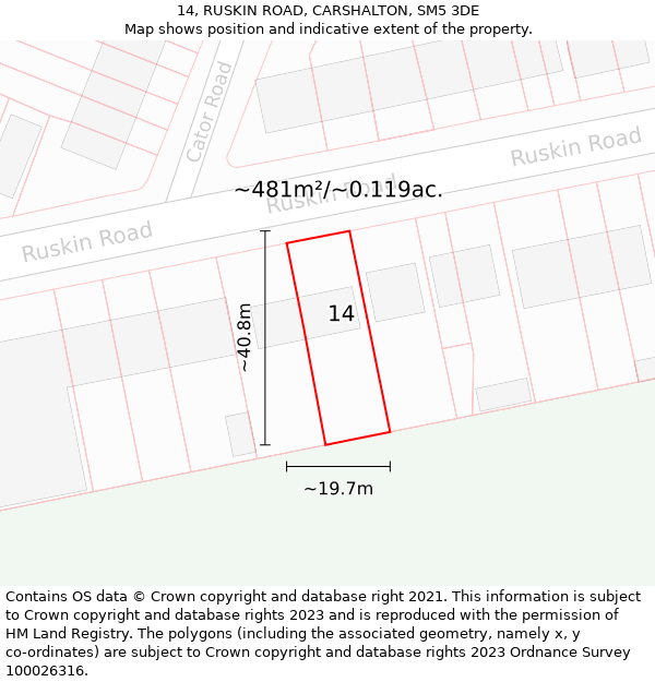 14, RUSKIN ROAD, CARSHALTON, SM5 3DE: Plot and title map