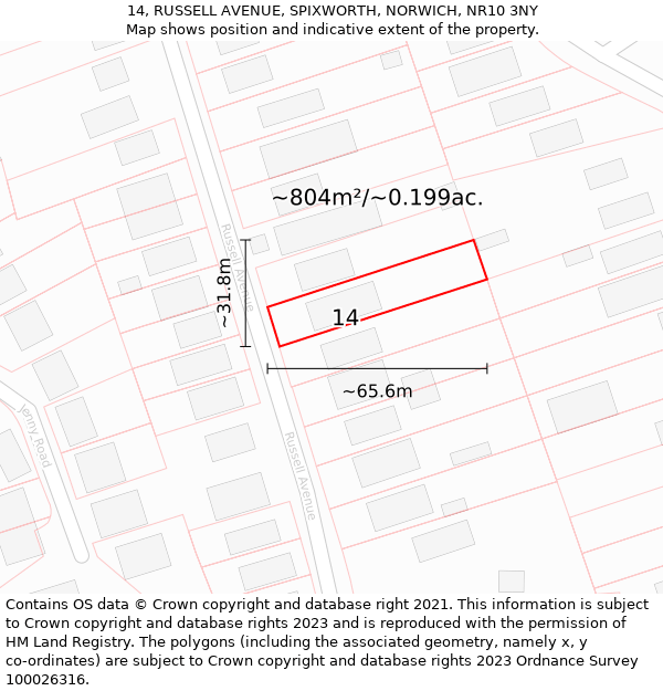 14, RUSSELL AVENUE, SPIXWORTH, NORWICH, NR10 3NY: Plot and title map