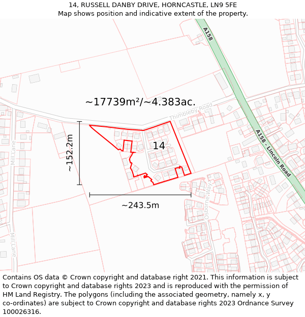 14, RUSSELL DANBY DRIVE, HORNCASTLE, LN9 5FE: Plot and title map