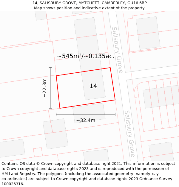 14, SALISBURY GROVE, MYTCHETT, CAMBERLEY, GU16 6BP: Plot and title map