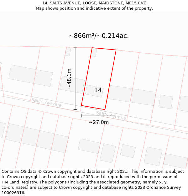 14, SALTS AVENUE, LOOSE, MAIDSTONE, ME15 0AZ: Plot and title map