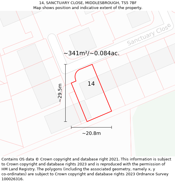 14, SANCTUARY CLOSE, MIDDLESBROUGH, TS5 7BF: Plot and title map