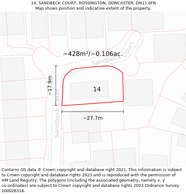 14, SANDBECK COURT, ROSSINGTON, DONCASTER, DN11 0FN: Plot and title map