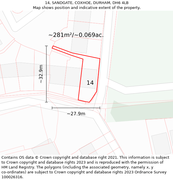 14, SANDGATE, COXHOE, DURHAM, DH6 4LB: Plot and title map