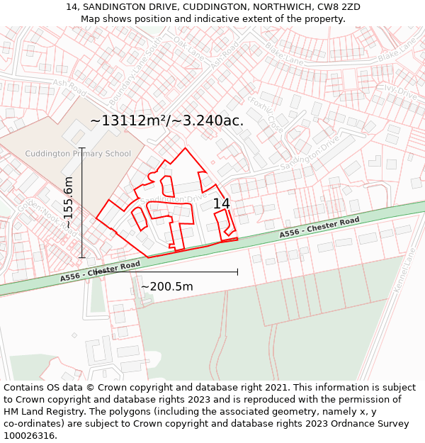 14, SANDINGTON DRIVE, CUDDINGTON, NORTHWICH, CW8 2ZD: Plot and title map