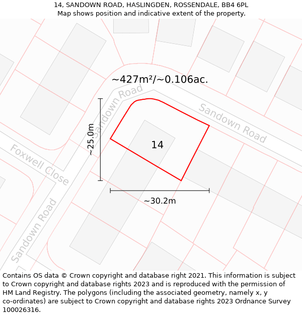 14, SANDOWN ROAD, HASLINGDEN, ROSSENDALE, BB4 6PL: Plot and title map