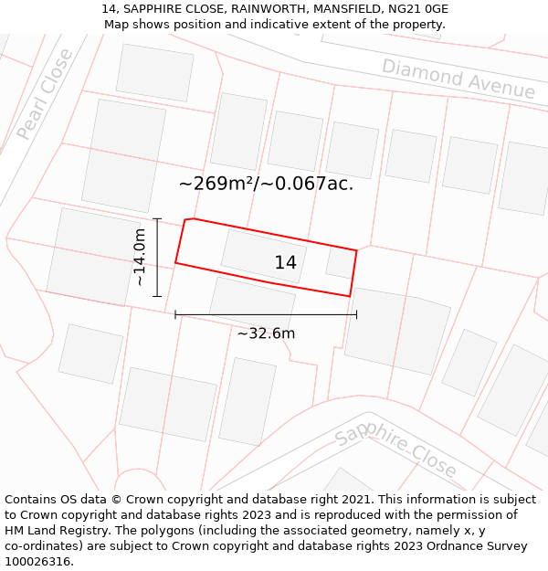 14, SAPPHIRE CLOSE, RAINWORTH, MANSFIELD, NG21 0GE: Plot and title map