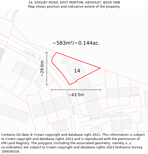 14, SAXILBY ROAD, EAST MORTON, KEIGHLEY, BD20 5WB: Plot and title map