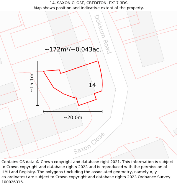 14, SAXON CLOSE, CREDITON, EX17 3DS: Plot and title map