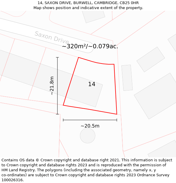 14, SAXON DRIVE, BURWELL, CAMBRIDGE, CB25 0HR: Plot and title map