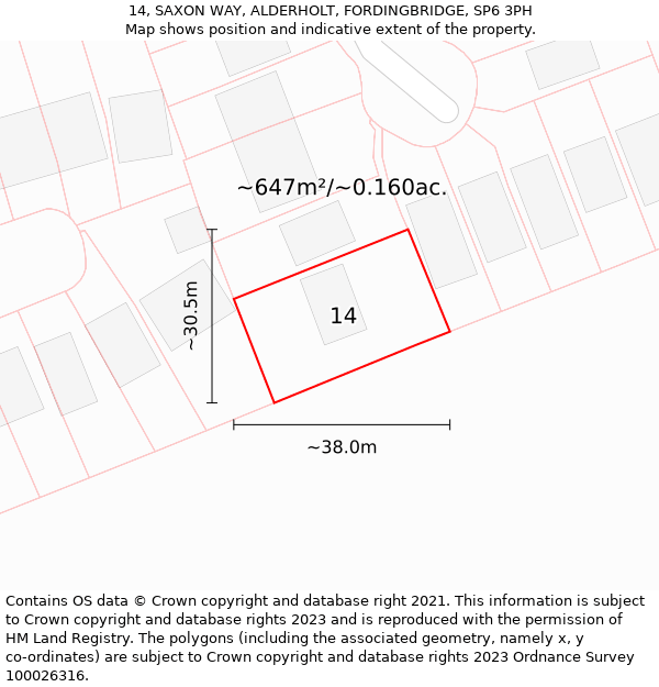 14, SAXON WAY, ALDERHOLT, FORDINGBRIDGE, SP6 3PH: Plot and title map