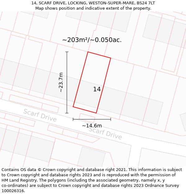 14, SCARF DRIVE, LOCKING, WESTON-SUPER-MARE, BS24 7LT: Plot and title map