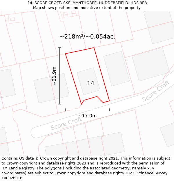 14, SCORE CROFT, SKELMANTHORPE, HUDDERSFIELD, HD8 9EA: Plot and title map