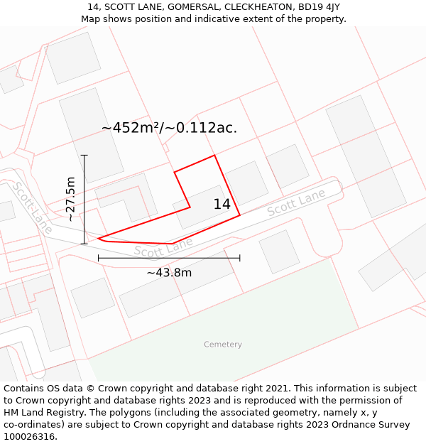 14, SCOTT LANE, GOMERSAL, CLECKHEATON, BD19 4JY: Plot and title map