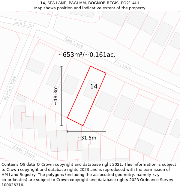 14, SEA LANE, PAGHAM, BOGNOR REGIS, PO21 4UL: Plot and title map