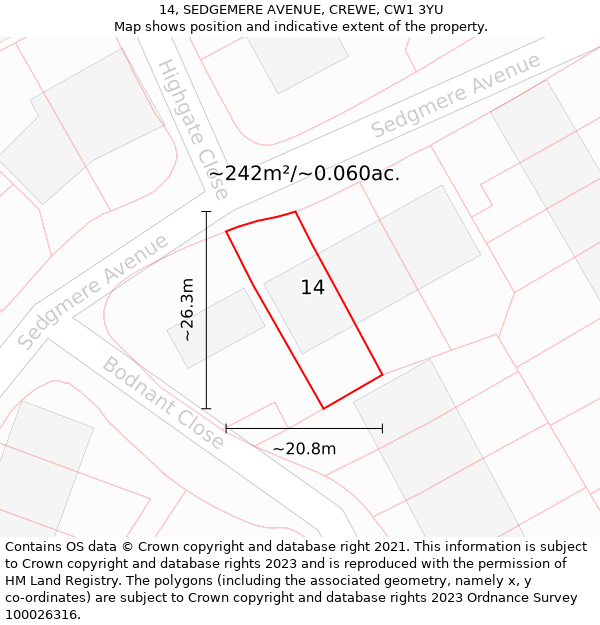 14, SEDGEMERE AVENUE, CREWE, CW1 3YU: Plot and title map