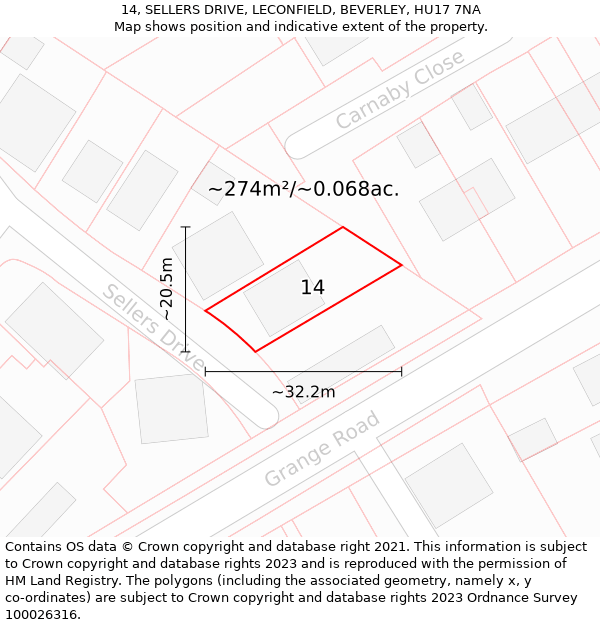 14, SELLERS DRIVE, LECONFIELD, BEVERLEY, HU17 7NA: Plot and title map