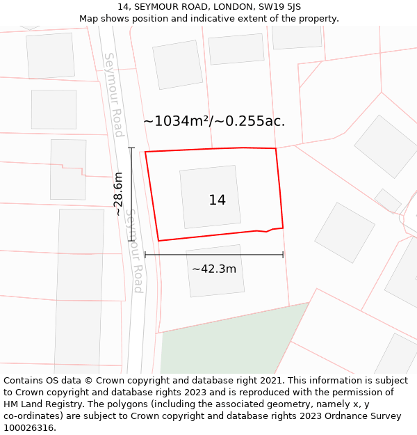 14, SEYMOUR ROAD, LONDON, SW19 5JS: Plot and title map