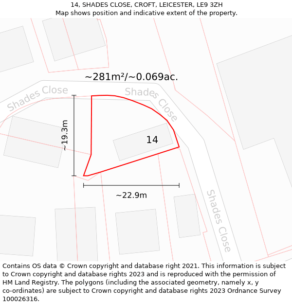 14, SHADES CLOSE, CROFT, LEICESTER, LE9 3ZH: Plot and title map