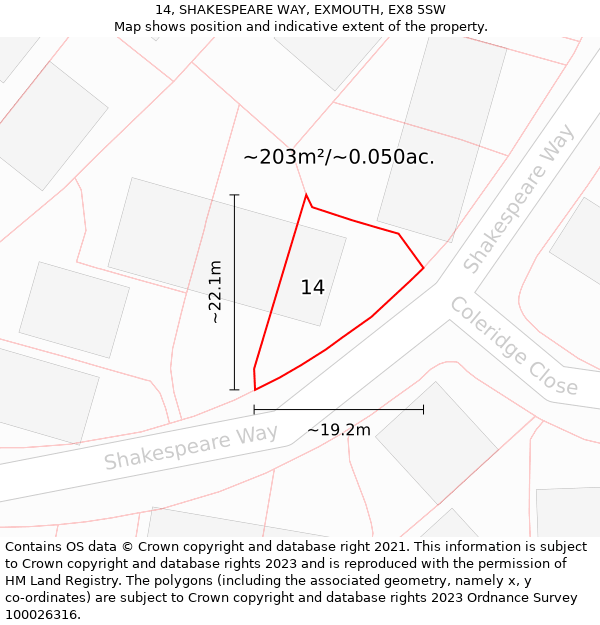 14, SHAKESPEARE WAY, EXMOUTH, EX8 5SW: Plot and title map