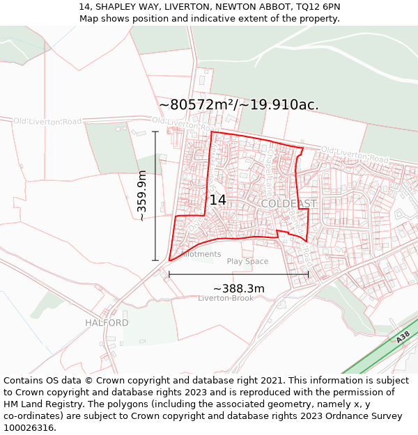 14, SHAPLEY WAY, LIVERTON, NEWTON ABBOT, TQ12 6PN: Plot and title map