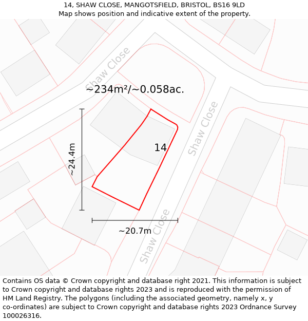 14, SHAW CLOSE, MANGOTSFIELD, BRISTOL, BS16 9LD: Plot and title map