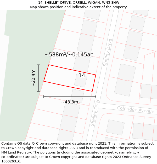 14, SHELLEY DRIVE, ORRELL, WIGAN, WN5 8HW: Plot and title map