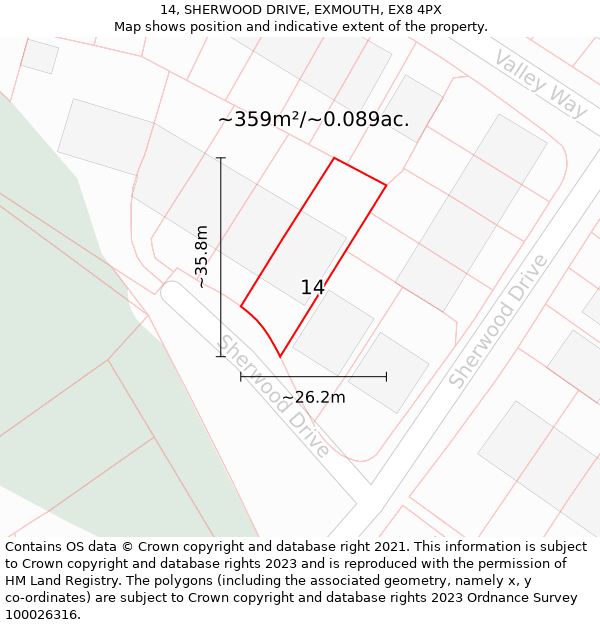 14, SHERWOOD DRIVE, EXMOUTH, EX8 4PX: Plot and title map