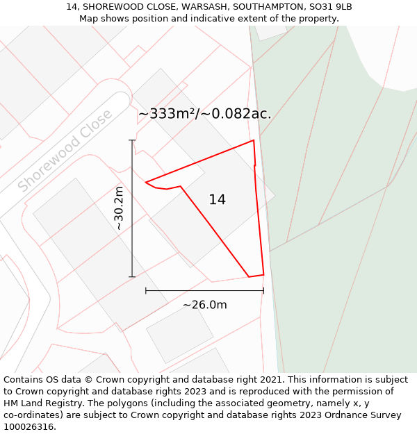 14, SHOREWOOD CLOSE, WARSASH, SOUTHAMPTON, SO31 9LB: Plot and title map