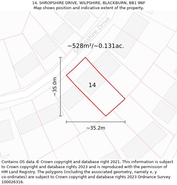 14, SHROPSHIRE DRIVE, WILPSHIRE, BLACKBURN, BB1 9NF: Plot and title map